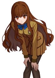 1girl absurdres bent_over blazer blue_bow blue_bowtie bow bowtie brown_eyes brown_hair brown_jacket brown_skirt buttons commentary_request fate/extra fate_(series) hands_on_own_knees highres jacket kishinami_hakuno_(female) korean_commentary long_hair long_sleeves pleated_skirt school_emblem school_uniform second-party_source shintyoi2 simple_background skirt solo standing white_background
