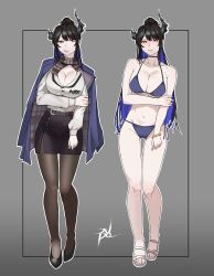 1girl absurdres alternate_costume asymmetrical_horns bikini black_hair black_horns black_pantyhose black_skirt blue_bikini blue_hair blue_jacket blush bracelet breasts closed_mouth colored_inner_hair grey_background hashtag-only_commentary high_ponytail highres hololive hololive_english horns jacket jacket_on_shoulders jewelry juuuudo large_breasts multicolored_hair navel nerissa_ravencroft nerissa_ravencroft_(casual) nose_blush office_lady official_alternate_costume official_alternate_hairstyle pantyhose ponytail red_eyes sandals shirt skirt swimsuit virtual_youtuber white_shirt
