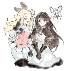 2girls agnes_oblige airy_(bravely_default) armored_skirt aubz black_gloves blonde_hair blue_eyes bow bravely_default:_flying_fairy bravely_default_(series) brown_eyes brown_hair capelet dress edea_lee elbow_gloves fairy gloves hair_bow hair_pulled_back hairband highres long_hair multiple_girls pants red_dress smile swept_bangs white_dress white_pants