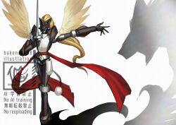 bakeneko38 blonde_hair blue_eyes digimon digimon_(creature) duftmon feathered_wings full_body highres holding holding_sword holding_weapon knight long_hair simple_background solo sword watermark weapon white_background wings
