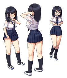 3girls :d black_hair blush breasts clothes_lift diagonal-striped_clothes diagonal-striped_necktie from_behind full_body glasses kneehighs large_breasts loose_necktie maruput medium_hair midriff multiple_girls necktie open_mouth original pleated_skirt school_uniform see-through_clothes shirt_lift simple_background skirt smile socks striped_clothes sweat twintails very_sweaty wet wet_clothes white_background