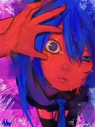 1girl black_skirt black_thighhighs blue_eyes blue_hair closed_mouth glitch hair_between_eyes hand_up hatsune_miku highres long_hair looking_at_viewer multicolored_eyes purple_eyes skirt solo sweat thighhighs umi_ushi428 uneven_eyes vocaloid