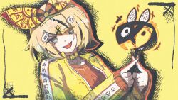 1girl alternate_costume aqua_eyes blonde_hair bow bug choker clothes_writing collarbone drop_shadow flat_chest hair_bow hair_ornament hairclip halka hatching_(texture) head_tilt highres jacket kagamine_rin long_sleeves looking_at_viewer medium_hair open_clothes open_jacket open_mouth orange_nails orange_shirt parted_bangs shirt smile solo teeth upper_body upper_teeth_only vocaloid yellow_bow yellow_choker yellow_jacket yellow_theme