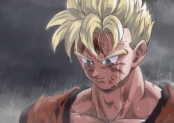 1boy black_shirt blonde_hair blood blood_on_face boriroba cloud cloudy_sky commentary_request crying crying_with_eyes_open dirty dougi dragon_ball dragonball_z green_eyes looking_down male_focus muscular muscular_male orange_dougi rain shirt short_hair sky solo son_gohan son_gohan_(future) spiked_hair tears toriyama_akira_(style) torn_clothes upper_body wet