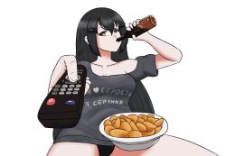 Rule 34 | absurdres, alcohol, beer, black hair, black panties, catahuct, chips (food), controller, dandelion (girls&#039; frontline), food, girls&#039; frontline, grey shirt, hair ornament, highres, looking at viewer, man watching tv (meme), meme, panties, potato chips, raised eyebrows, remote control, russian text, shirt, underwear, white background