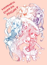 10s 4girls aino_megumi bad_id bad_pixiv_id boots brooch copyright_name crown cure_fortune cure_honey cure_lovely cure_princess earrings english_text gurasan_(happinesscharge_precure!) hair_ornament hair_ribbon happinesscharge_precure! hayashi_(kanzume) heart heart_brooch heartcatch_precure! hikawa_iona jewelry long_hair magical_girl monochrome multiple_girls oomori_yuuko ponytail precure ribbon ribbon_(happinesscharge_precure!) shirayuki_hime shirt simple_background sketch skirt thigh_boots thighhighs thighs twintails vest wide_ponytail wrist_cuffs zettai_ryouiki