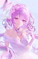1girl absurdres breasts bridal_veil bug butterfly butterfly_on_hand castorice_(honkai:_star_rail) cleavage commentary_request dress earrings flower gloves hair_flower hair_intakes hair_ornament hand_up highres honkai:_star_rail honkai_(series) insect jewelry large_breasts long_hair looking_at_viewer necklace parted_lips pink_butterfly pink_dress pink_eyes pink_flower pink_gloves pink_hair pink_petals pointy_ears ring smile sohan_(sohan_416) solo veil very_long_hair wedding_dress white_veil
