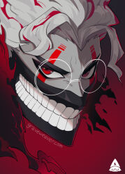 1boy clenched_teeth colored_skin commentary dandadan english_commentary facial_mark glasses gradient_background graveweaver grey_skin highres looking_at_viewer male_focus mask mouth_mask multicolored_hair red_background red_eyes red_hair round_eyewear short_hair signature solo takakura_ken_(dandadan) takakura_ken_(transformed)_(dandadan) teeth torn_clothes transformation two-tone_hair upper_body white_hair