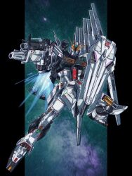 Rule 34 | absurdres, bazooka (gundam), beam rifle, char&#039;s counterattack, commentary request, energy gun, exhaust, fin funnels, green eyes, gun, gundam, highres, holding, holding gun, holding weapon, li li li li jun, looking at viewer, mecha, mecha focus, mobile suit, no humans, nu gundam, pointing, pointing at viewer, robot, science fiction, shield, solo, thrusters, v-fin, weapon