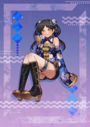 1girl absurdres alternate_costume black_boots black_hair black_shorts blue_shirt blush boots chinese_clothes closed_mouth commentary_request detached_collar detached_sleeves double_bun full_body gradient_background hair_bun hazuki_ren high_heel_boots high_heels highres invisible_chair knee_boots long_hair long_sleeves looking_at_viewer love_live! love_live!_superstar!! okome_maru purple_background shirt short_shorts shorts sitting sleeves_past_fingers sleeves_past_wrists smile solo strapless strapless_shirt twintails yellow_eyes