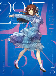 1girl 22/7 absurdres black_shoes blue_background blue_bow blue_bowtie blue_dress bow bowtie braid braided_hair_rings brown_eyes brown_hair character_name clenched_hand copyright_name cover dancing dress dvd_cover floating_hair frilled_dress frills full_body hair_bow hair_rings highres holding holding_microphone long_hair long_sleeves looking_ahead majiro_(mazurka) microphone muzui official_art open_mouth outstretched_arm plaid_bow plaid_bowtie plaid_clothes shoes socks solo tachikawa_ayaka teeth twin_braids two_side_up upper_teeth_only white_bow white_socks