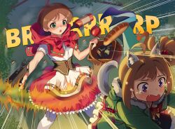 Rule 34 | 2girls, ahoge, animal ears, apple, apron, basket, big bad wolf, big bad wolf (cosplay), black dress, bottle, bow, bowtie, bread, brown hair, capelet, coat, cosplay, crying, crying with eyes open, dress, drill hair, emphasis lines, explosive, fangs, firing, fleeing, food, frilled dress, frills, fruit, green coat, green eyes, grenade, gun, hair ribbon, holding, holding basket, holding gun, holding weapon, hood, hood down, hooded capelet, hooded coat, idolmaster, idolmaster million live!, kamille (vcx68), kinoshita hinata, little red riding hood, little red riding hood (grimm), little red riding hood (grimm) (cosplay), loaf of bread, long sleeves, magazine (weapon), medium dress, multiple girls, open mouth, outdoors, pantyhose, personification, purple eyes, red bow, red bowtie, red capelet, red dress, red ribbon, ribbon, running, short hair, side drill, sound effects, standing, submachine gun, tail, tears, text background, tree, underbust, uzi, waist apron, weapon, white apron, white pantyhose, wolf ears, wolf tail, yokoyama nao