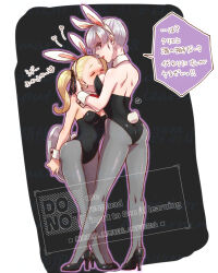 Rule 34 | 1boy, 1girl, adversarial noise, alternate form, animal ear hairband, animal ears, ass, between breasts, black leotard, black ribbon, black shoes, blonde hair, blush, border, bow, bowtie, breasts, cleavage, colored speech bubble, detached collar, dragon quest, dragon quest builders 2, earrings, face between breasts, fake animal ears, fake tail, female builder (dqb2), full body, grey pantyhose, hair pulled back, hair ribbon, hairband, hand in another&#039;s hair, head between breasts, heart, height difference, high heels, holding, holding tray, hoop earrings, jewelry, kasiwamoti11, large breasts, leotard, looking at viewer, looking back, medium breasts, open mouth, pantyhose, partially shaded face, playboy bunny, profile, rabbit ears, rabbit tail, red bow, red bowtie, red eyes, ribbon, shoes, sidoh (dqb2), silver earrings, speech bubble, strapless, strapless leotard, tail, translation request, tray, twintails, white border, white hair, white hairband, wrist cuffs
