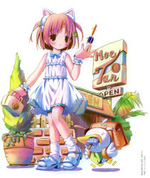 00s 1girl ah-kun animal_ears black_eyes blush cat_ears cat_girl cuffs dress female_focus flat_chest full_body highres moetan nature nijihara_ink oni-kun outdoors pen-kun plant pop red_hair short_hair solo twintails white_background