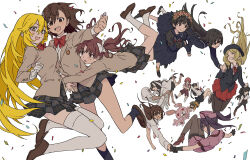 1boy 6+girls :d absurdres arm_sling arms_around_waist asymmetrical_docking beret black_hair blazer blonde_hair blue_headwear blue_serafuku blush bouncing_breasts bow bowtie breast_press breasts brown_eyes brown_footwear brown_hair brown_jacket closed_eyes closed_mouth coin colored_skin commentary_request confetti dark-skinned_female dark_skin dolly_(toaru_kagaku_no_railgun) doppelganger_(toaru_kagaku_no_railgun) flower frenda_seivelun gloves hair_between_eyes hair_bow hair_flower hair_ornament hat head_wreath highres holding holding_coin hug iizumi_rita jacket kouzaku_mitori kuriba_ryouko large_breasts loafers long_hair long_sleeves looking_at_another looking_at_viewer mask miniskirt misaka_mikoto mouth_mask multicolored_hair multicolored_skin multiple_girls neckerchief necktie nurse_cap open_mouth parted_bangs plaid_clothes plaid_skirt pleated_skirt red_bow red_bowtie red_skirt sailor_collar sakugawa_school_uniform sakuragi_naruha saten_ruiko school_uniform seike_taroumaru serafuku shirai_kuroko shoes shokuhou_misaki short_hair siblings sidelocks sisters skirt smile socks surgical_mask sweatdrop teruya_(6w6y) thighhighs toaru_kagaku_no_railgun toaru_kagaku_no_railgun_t toaru_majutsu_no_index toaru_majutsu_no_index:_new_testament tokiwadai_school_uniform twintails uiharu_kazari very_long_hair waist_hug white_background white_bow white_gloves white_hair winter_uniform yakumaru_itsuki yumiya_rakko zettai_ryouiki