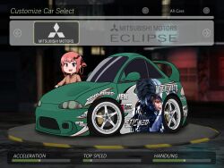 Rule 34 | 1girl, :3, bat hair ornament, black shirt, brown cardigan, car, cardigan, collared shirt, commentary, english commentary, english text, fake screenshot, fang, gabriel dropout, hair ornament, highres, itasha, metal gear (series), metal gear rising: revengeance, mitsubishi eclipse, mitsubishi motors, motor vehicle, necktie, need for speed, need for speed: underground 2, open mouth, raiden (metal gear), red hair, red necktie, satanichia kurumizawa mcdowell, shirt, skylinerpl, smile, solo focus, spoiler (automobile), vehicle focus, vehicle name