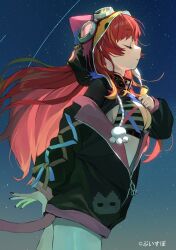 1girl animal_ear_hood black_bra black_jacket black_nails bra breasts cat_tail cleavage clenched_hand closed_eyes closed_mouth copyright_notice cowboy_shot fake_animal_ears goggles goggles_on_head hood idenshi_hina jacket jpeg_artifacts long_hair medium_breasts nekota_tsuna off_shoulder profile red_hair shooting_star shrug_(clothing) sky smile solo star_(sky) starry_sky tail underwear virtual_youtuber vspo!