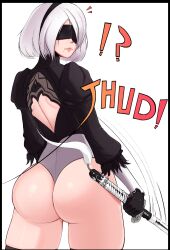 1girl android ass fighting_stance fraankyy highres huge_ass looking_at_viewer looking_back nier nier_(series) nier:automata robot sword weapon white_hair 2b_(nier:automata)