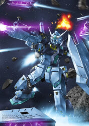 asaba_naoto asteroid beam_rifle char&#039;s_counterattack commentary energy_gun exhaust explosion fin_funnels firing flying gun gundam gundam_msv highres holding holding_gun holding_weapon mecha mecha_focus mobile_suit no_humans nu_gundam_mp_type robot science_fiction shield solo space star_(sky) thrusters v-fin weapon white_eyes