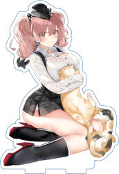 animal atlanta_(kancolle) black_skirt boots breasts cat earrings gloves holding holding_animal hug jewelry kantai_collection kou_mashiro looking_at_viewer pink_hair second-party_source shirt skirt star_(symbol) star_earrings tamanotsuyu two_side_up white_gloves white_shirt