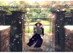 1boy armor arthur_pendragon_(fate) blonde_hair blurry brick_wall depth_of_field ebi_(6_5) falling_petals fate/grand_order fate_(series) from_behind gate highres hood hood_down letterboxed light_particles long_sleeves male_focus outdoors petals sabaton short_hair solo waist_cape