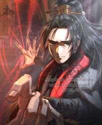 1boy black_hair black_hanfu chinese_clothes curtained_hair hair_ornament hanfu hc7_s2 high_ponytail highres incoming_attack index_finger_raised jia_qiu_(project_moon) limbus_company long_hair male_focus outstretched_hand ponytail project_moon reaching reaching_towards_viewer red_scarf reference_inset scar scar_on_face scarf shadow solo sunlight upper_body