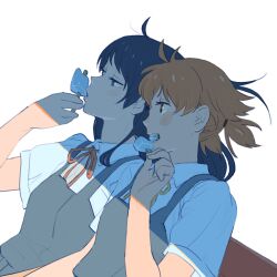 2girls 55bata6rou blue_hair collared_shirt dress food from_side hand_up highres holding holding_food holding_popsicle koito_yuu long_hair low_twintails multiple_girls nanami_touko neck_ribbon open_mouth orange_hair pinafore_dress popsicle profile red_ribbon ribbon school_uniform shirt short_hair short_sleeves short_twintails sleeveless sleeveless_dress summer_uniform tohmi_higashi_high_school_uniform twintails upper_body white_shirt wind yagate_kimi_ni_naru