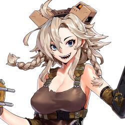 1girl ahoge bare_shoulders blonde_hair blue_eyes braid breasts cleavage covered_erect_nipples elbow_pads female_focus floating_hair game_cg grin hair_between_eyes hair_tuft headgear holding hyena_(last_origin) large_breasts last_origin long_hair looking_at_viewer low_twin_braids mar10 mole mole_under_eye official_art open_mouth red_pupils sharp_teeth sidelocks sleeveless smile t-40_hyena tank_top teeth transparent_background twin_braids upper_body