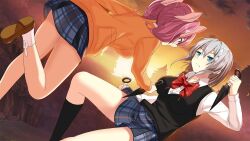 2girls black_socks bow bowtie breasts brown_shoes fighting holding holding_kunai holding_weapon kneehighs kunai long_sleeves machiyuki_ricka miniskirt moe!_ninja_girls momochi_myu multiple_girls ninja official_art pink_hair plaid_clothes plaid_skirt red_bow red_bowtie shirt shoes short_twintails skirt socks twintails weapon