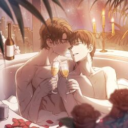 2boys alcohol bathtub black_eyes black_hair blurry bottle building candlelight cityscape closed_eyes closed_mouth collarbone commentary_request cup depth_of_field drinking_glass flower grin interior jdsp4m kim_dokja korean_commentary light male_focus multiple_boys night nude omniscient_reader&#039;s_viewpoint petals plant red_flower rose rose_petals scar scar_on_arm smile teeth toasting_(gesture) wet wet_hair window wine wine_glass yaoi yoo_joonghyuk
