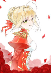 1girl absurdres blonde_hair breasts corset dress epaulettes falling_petals fate/grand_order fate_(series) flower full_body green_eyes hair_bun highres large_breasts looking_at_viewer nero_claudius_(fate) parted_lips petals red_corset red_flower red_ribbon red_rose ribbon rose rose_petals sidelocks simple_background single_hair_bun single_side_bun smile solo standing user_fmvs5284 white_background
