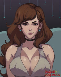 1girl artist_name bare_shoulders black_choker black_eyes breasts brown_hair choker collarbone commentary dress earrings english_commentary galmesh_rosewood highres jewelry long_hair looking_at_viewer lupin_iii mine_fujiko pearl_earrings photoshop_(medium) sleeveless sleeveless_dress smile solo