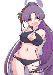 9-san absurdres bikini black_bikini blue_archive blush breasts eyeshadow fang flower gluteal_fold hair_flower hair_ornament highres jacket large_breasts long_hair makeup o-ring o-ring_bikini official_alternate_costume official_alternate_hairstyle open_clothes open_jacket open_mouth ponytail purple_eyes purple_hair red_eyeshadow see-through_clothes see-through_jacket skin_fang swimsuit thigh_strap yukari_(blue_archive) yukari_(swimsuit)_(blue_archive)