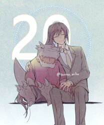 2boys black_shorts black_suit brown_hair claws closed_eyes closed_mouth collared_shirt crying episode_number formal_clothes happy head_spikes highres hug jyu_viole_grace light_smile lizard_tail lizardman long_hair multiple_boys necktie ponytail rak_wraithraiser red_shirt reptile_boy sharp_teeth shirt shorts simple_background sitting suit tail tanino_miho teeth tongue tower_of_god twenty-fifth_bam twitter_username very_long_hair white_shirt yellow_necktie