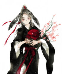 Rule 34 | 1boy, aged down, androgynous, animal ears, black hair, black hanfu, branch, cherry blossoms, chinese clothes, closed mouth, faux traditional media, flower, hair ribbon, hanfu, high ponytail, holding, holding branch, holding flower, holding jar, ink wash painting, jar, kcllzas163, kemonomimi mode, light particles, long hair, long sleeves, looking at viewer, male focus, modao zushi, pink flower, ponytail, rabbit boy, rabbit ears, red eyes, red ribbon, red sash, ribbon, robe, sash, simple background, smile, solo, standing, third-party source, wei wuxian, white background, wide sleeves