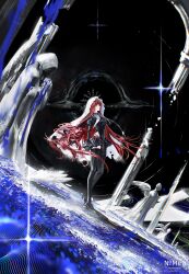 Rule 34 | 1girl, absurdres, artist name, asymmetrical legwear, black bodysuit, black gloves, black hole, bodysuit, closed mouth, commentary request, fantasy, full body, gawako, gloves, green eyes, highres, juliet sleeves, long hair, long sleeves, looking up, original, puffy sleeves, red hair, signature, single thighhigh, solo, standing, statue, thighhighs, veil, very long hair, white veil