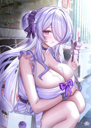 1girl alternate_costume arm_under_breasts azur_lane bag blush bow breasts chewing choker cleavage commentary_request crumbs dress food frills hair_over_one_eye highres holding holding_food holding_popsicle huge_breasts long_hair outdoors pink_eyes popsicle purple_bow purple_choker purple_dress purple_hair purple_scrunchie scrunchie shopping_bag solo squatting tansuan_(ensj3875) unzen_(azur_lane) very_long_hair wrist_scrunchie