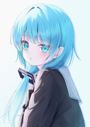 1girl absurdres aqua_eyes aqua_hair black_shirt fang from_side hair_intakes hatsune_miku highres long_hair looking_at_viewer low_twintails parted_lips sailor_collar shirt simple_background solo twintails upper_body vocaloid white_background white_sailor_collar yamamotokeisuke1004