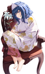 Rule 34 | 1girl, about fg, absurdres, barefoot, blue eyes, blue hair, chair, fetal position, floral print, flower, full body, highres, holding, holding flower, japanese clothes, kimono, long sleeves, make heroine ga oo sugiru!, medium hair, on chair, parted lips, sideways sitting pose (han-0v0), simple background, sitting, solo, triangular headpiece, white background, white flower, white kimono, wide sleeves, yanami anna, yukata