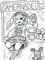 1girl bao_bao_(dokibird) can choker commentary cropped_jacket dokibird_(vtuber) dokibird_(vtuber)_(retro_doki) dress english_commentary english_text feet_out_of_frame greyscale hand_up hat highres holding holding_can indie_virtual_youtuber jacket layered_dress long_sleeves looking_at_viewer mei_mei_(dokibird) monochrome one_eye_closed open_clothes open_jacket open_mouth short_dress smile solo standing standing_on_one_leg star_(symbol) star_choker twintails virtual_youtuber william_leonard