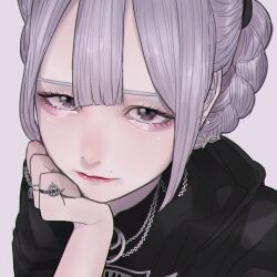 Rule 34 | 1girl, aegyo sal, black eyes, black jacket, braid, center-flap bangs, close-up, crown braid, double-parted bangs, earrings, eyelashes, grey background, grey hair, hand on own chin, head rest, highres, hood, hood down, jacket, jewelry, lipstick, looking at viewer, makeup, mano aaa, mole, mole above mouth, multiple rings, necklace, original, pink lips, portrait, ring, solo