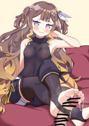 1girl absurdres after_footjob anya_melfissa asymmetrical_clothes black_leotard black_pants black_thighhighs blonde_hair blunt_bangs brown_hair censored covered_navel crossed_ankles cum cum_on_body cum_on_feet cum_string disembodied_penis feet foot_focus foot_out_of_frame gradient_hair hair_ribbon head_rest highres hololive hololive_idol_uniform_(color_rise) hololive_indonesia kris_hair_ornament leotard light_blush long_hair multicolored_hair no_shoes pants penis penis_in_thighhigh purple_eyes ribbon scribble_censor second-party_source see-through_clothes see-through_leotard shirt short_eyebrows single_pantsleg sitting smell smirk steaming_body streaked_hair sweat thighhighs toeless_legwear unworn_shirt very_long_hair virtual_youtuber wavy_hair white_ribbon yellow_background zedxxx