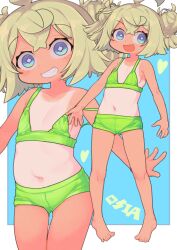 Rule 34 | 1girl, absurdres, ahoge, barefoot, bikini, blonde hair, blue background, blue eyes, border, collarbone, diamond-shaped pupils, diamond (shape), double bun, flat chest, green bikini, grin, hair bun, highres, multiple views, navel, one-piece tan, open mouth, original, parted lips, rosia san, short hair, smile, strap slip, swimsuit, symbol-shaped pupils, tan, tanline, teeth, variant set, white border