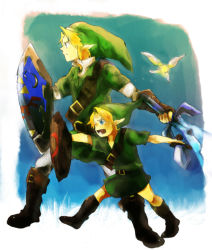 2boys blonde_hair blue_eyes deku_shield dual_persona fairy gloves hat holding holding_sword holding_weapon hylian_shield link male_focus master_sword multiple_boys navi nintendo pointy_ears shield sword the_legend_of_zelda weapon wooden_shield young_link