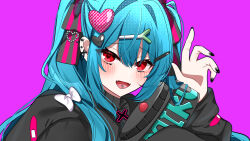 Rule 34 | 1girl, :d, aqua hair, black jacket, black nails, blush, bow, character name, commentary request, fangs, fingernails, food-themed hair ornament, gradient nails, hair between eyes, hair ornament, hair ribbon, hatsune miku, heart, heart hair ornament, highres, jacket, nail polish, open mouth, piercing, purple background, red eyes, ribbon, simple background, smile, solo, spike piercing, spring onion hair ornament, striped ribbon, tongue, tongue piercing, twintails, vocaloid, white bow, yuzukiyuno (yunmu g)