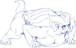 1990s_(style) 1girl all_fours angry barefoot blush breast_press breasts cagnazzo cleavage feet female_focus final_fantasy final_fantasy_iv full_body gender_request genderswap horns image_sample monochrome monster_girl nezunezu no_pupils oekaki pixiv_sample retro_artstyle simple_background sketch solo tail thick_thighs thighs white_background