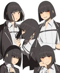 Rule 34 | 1girl, anger vein, black gloves, black hair, blush, bob cut, cigarette, closed mouth, commentary request, crying, crying with eyes open, flat chest, gloves, hair over one eye, heiya desu, highres, holding, jacket, jacket on shoulders, limbus company, looking at viewer, one eye covered, open mouth, parted lips, project moon, red eyes, ryoshu (project moon), shirt, short hair, simple background, single glove, smile, solo, tearing up, tears, white background