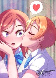 2girls blue_ribbon blush brown_hair closed_eyes heart highres hoshizora_rin kiss kissing_cheek love_live! love_live!_school_idol_project medium_hair multiple_girls neck_ribbon nishikino_maki open_mouth otonokizaka_school_uniform purple_eyes red_hair ribbon shirt short_hair watermark white_shirt yozakura_kakeru yuri