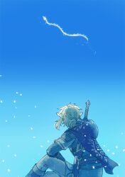 Rule 34 | 1boy, blonde hair, blue sky, cape, dragon, from behind, hood, hooded cape, kaidou mitsuki, light dragon (zelda), link, master sword, nintendo, pointy ears, ponytail, short ponytail, shoulder pads, sitting, sky, the legend of zelda, the legend of zelda: tears of the kingdom