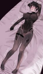 1girl bed bed_sheet black_hair bodysuit breasts covered_erect_nipples highres hyooouri large_breasts short_hair skin_tight sweat sweatdrop tagme
